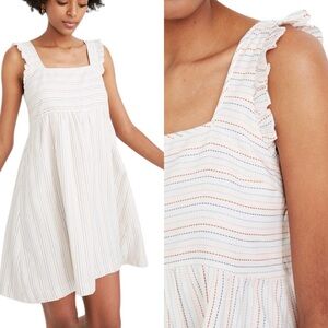 Madewell Ruffled Square Neck Dress in Stitched Rainbow Stripe White 0 XS